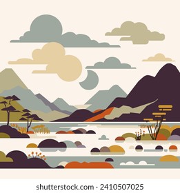Nature and Landscape. Typography design. Set of flat vector illustrations. Poster, label, cover. Vector
