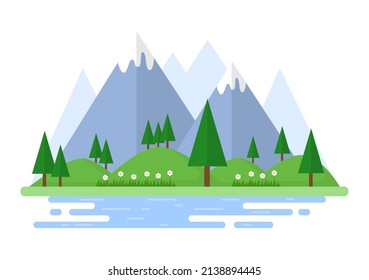 Naturaleza y paisajes únicos de árboles, bosques, montañas, flores o plantas en el fondo de primavera y verano en resumen diferentes formas Ilustración de estilo plano