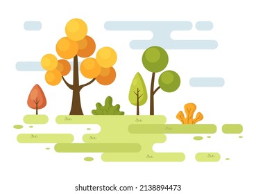 Naturaleza y paisajes únicos de árboles, bosques, montañas, flores o plantas en el fondo de primavera y verano en resumen diferentes formas Ilustración de estilo plano