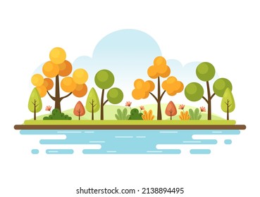 Natur und Landschaft einzigartig in Bäumen, Wäldern, Bergen, Blumen oder Pflanzen im Frühling und Sommer Hintergrund in abstrakten Formen Illustration im Flachstil
