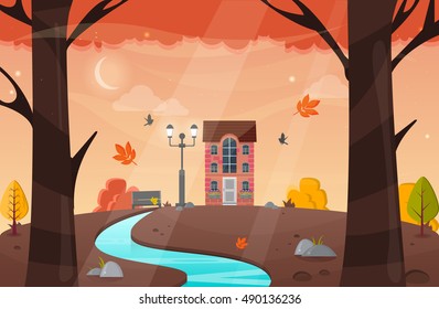 Nature landscape. Vector 10 eps. Autumn landscape. Lonely house in the forest. River water and autumn leaves. Orange nature. Cartoon, game scene.