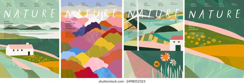 Nature and landscape. Vector abstract illustration of trees, countryside, mountains, flowers, plants, house, fields, farm, pattern, windmill and villages. Picture for background, card or cover