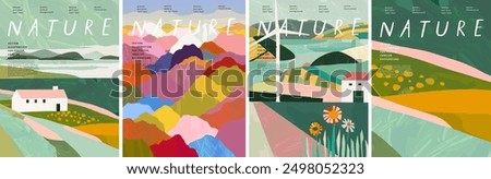 Nature and landscape. Vector abstract illustration of trees, countryside, mountains, flowers, plants, house, fields, farm, pattern, windmill and villages. Picture for background, card or cover