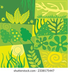 Nature and landscape. Vector art abstract illustration of village, trees, bushes, lemon, flowers, houses for poster, background or cover. Agriculture and garden