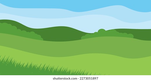 Nature landscape vector background. Illustration of summer fields landscape, green hills, blue sky in flat cartoon style. Natural background, vector illustration
