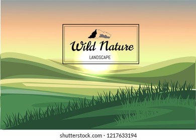 Nature landscape vector background with logo. Vector design illustration for web design development, natural landscape graphics. View of hills, farm rural, river, lake, sun