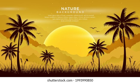 Nature landscape vector background. Landscape with mountains and sunrise. Mountainous terrain with coconut tree. Minimalist hand drawn vector style. Vector illustration