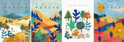 Nature And Landscape. Vector Cute Modern Abstract Trendy Gouache Illustrations Of Trees, Park, Field, River, Forest, Hills, Sky, Clearing, Bush For Poster, Background Or Card