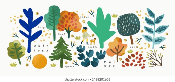 Nature and landscape. Vector cute modern abstract trendy gouache illustrations of trees, park, field, river, forest, hills, sky, clearing, bush for poster, background or card