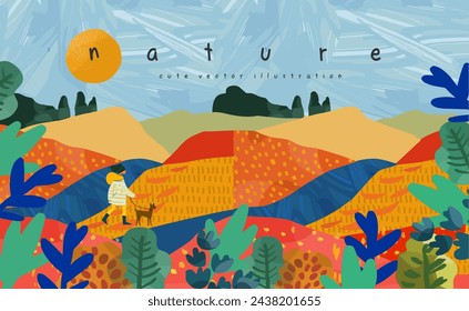 Natur und Landschaft. Vector niedliche moderne abstrakte trendige Gouache Illustrationen von Bäumen, Park, Feld, Fluss, Wald, Hügel, Himmel, Lichtung, Busch für Poster, Hintergrund oder Banner