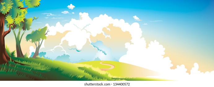 Nature landscape vector fairytale children illustration / Blue sky, nice weather, summer, spring season, warm, sun is shining, green leaves, white clouds, sunset, dawn / Text Background