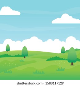 Nature landscape vector with green field, grass, trees, blue sky and clouds suitable for background or illustration 