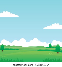 Nature landscape vector with green grass, trees, blue sky and clouds suitable for background or illustration