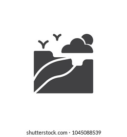 Nature landscape vector icon. filled flat sign for mobile concept and web design. Road clouds and flying birds in the sky simple solid icon. Symbol, logo illustration. Pixel perfect vector graphics