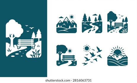 Nature landscape vector icon set with mountains, river, trees, bench, sun and birds. Flat vector illustration EPS 10.