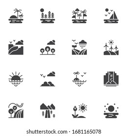 Nature, landscape vector icons set, modern solid symbol collection, filled style pictogram pack. Signs, logo illustration. Set includes icons as  beach sunset, seascape, waterfall, mountains, valley 