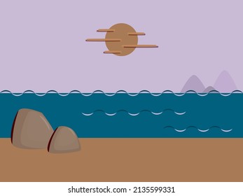 Naturaleza y paisaje. Ilustración vectorial de la playa con puesta de sol. Se puede usar como fondo o cubierta.