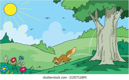 Nature landscape vector illustration. Beautiful spring landscape cartoon with green grass and blue sky