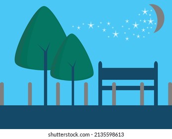 Nature and landscape. Vector illustration of a bench, trees, the moon and glowing stars. Can be use for background or cover.