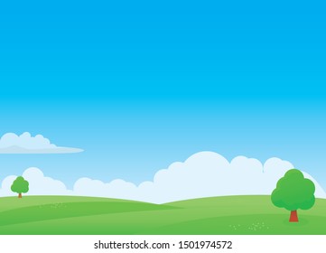 Nature landscape vector illustration with blue sky and green meadow. Field vector illustration