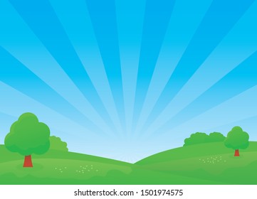 Nature landscape vector illustration with blue sky and green meadow. Field vector illustration