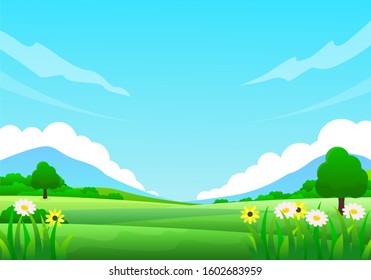 Nature landscape vector illustration with blue sky, flowers and green meadow suitable for summer theme background