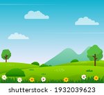 Nature landscape vector illustration with cartoon style. Beautiful spring landscape cartoon with green grass and blue sky