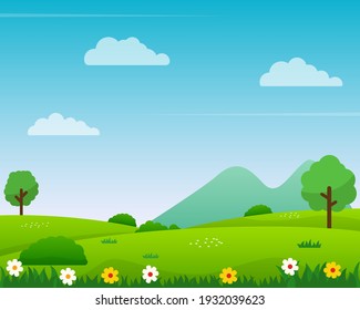 Nature landscape vector illustration with cartoon style. Beautiful spring landscape cartoon with green grass and blue sky