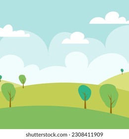 Nature landscape vector illustration with cartoon style. Beautiful spring landscape cartoon with green grass and blue sky
