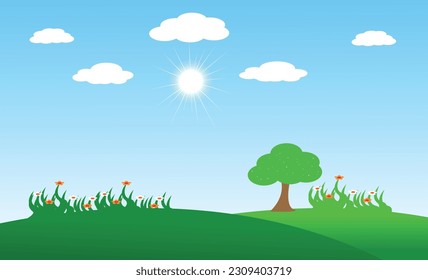 Nature landscape vector illustration with cartoon style. Beautiful spring landscape cartoon with green grass and flowers, blue sky