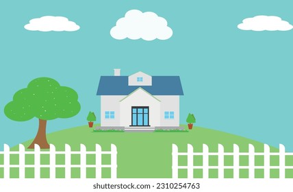 Nature landscape vector illustration with cartoon style, Wonderful house vector flat, flowers and blue sky green trees.