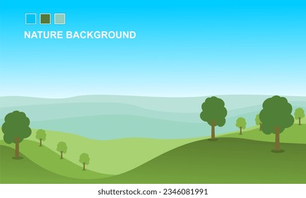 Nature landscape vector illustration with cartoon style. Beautiful spring landscape cartoon with green grass and blue sky