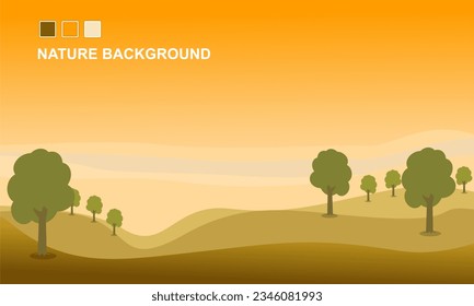 Ilustración vectorial del paisaje natural con estilo de dibujos animados. Bonita caricatura de paisaje primaveral con hierba verde y cielo naranja