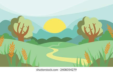 Nature landscape vector illustration with cartoon style. Beautiful spring landscape cartoon with green grass and blue sky