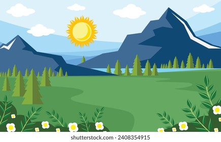 Ilustración vectorial del paisaje natural con estilo de dibujos animados. Bonita caricatura de paisaje primaveral con hierba verde y cielo azul