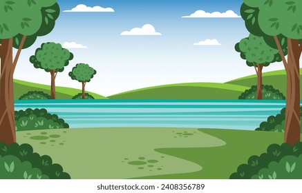 Naturlandschaft, Vektorgrafik mit Cartoon-Stil. Schöner Frühlingskartoon mit grünem Gras und blauem Himmel

