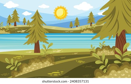 Ilustración vectorial del paisaje natural con estilo de dibujos animados. Bonita caricatura de paisaje primaveral con hierba verde y cielo azul

