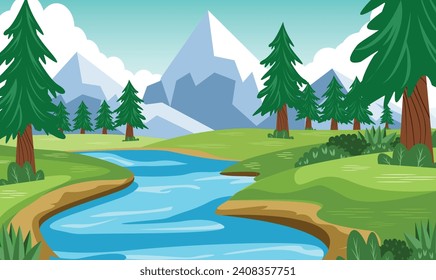 Ilustración vectorial del paisaje natural con estilo de dibujos animados. Bonita caricatura de paisaje primaveral con hierba verde y cielo azul