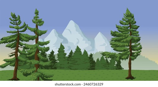 Nature landscape vector illustration with cartoon style. Beautiful spring landscape cartoon with green grass and blue sky