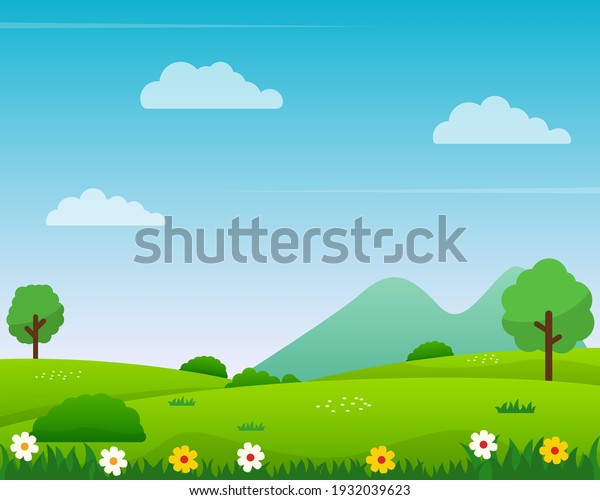 Nature\
landscape vector illustration with cartoon style. Beautiful spring\
landscape cartoon with green grass and blue\
sky
