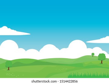 Nature landscape vector illustration with clouds, green field and tree.