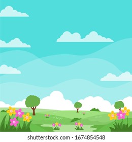 Nature landscape vector illustration in cute cartoon style with flowers, trees and bright sky suitable for kids background 