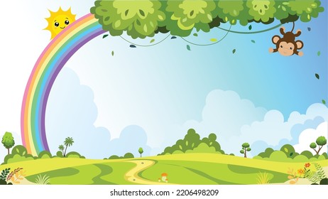 Nature landscape vector illustration in cute cartoon style with flowers, trees and bright sky suitable for kids background.The road in green fields, leading for the horizon.Sunny Meadow landscape.