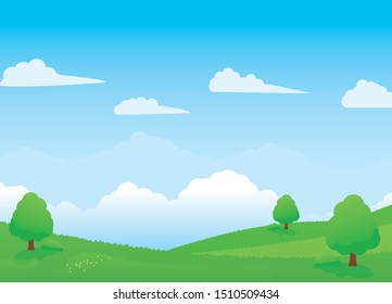 Nature landscape vector illustration with green meadow, trees and blue sky