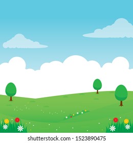 Nature landscape vector illustration, Green meadow vector illustration with some flower and tree