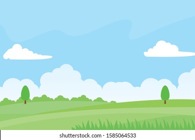 Nature landscape vector illustration with green meadow, trees and blue sky suitable for background 