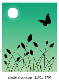 Nature and Landscape. Vector illustration of moon, sky, flower, plant, butterfly. Image for background, card or cover