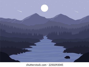 Nature landscape vector illustration. Mountain, river, and pine forest silhouettes at night
