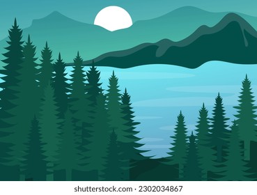 Naturlandschaft Vektorgrafik mit Berg-, See-, Grüne Wiese in flachem Cartoon handgezeichnete Landschaftsbild Landschaftsbild Hintergrundvorlagen