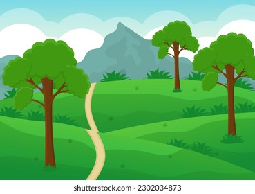 Nature Landscape Vector Illustration with Mountain, Lake, Green Meadow in Flat Cartoon Hand Drawn Landing Page Scenery Background Templates